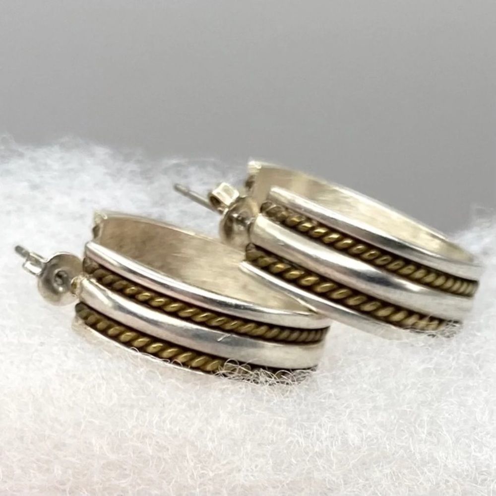 Taxco Sterling Silver Brass Rope Inlay Hoops Earrings 178$